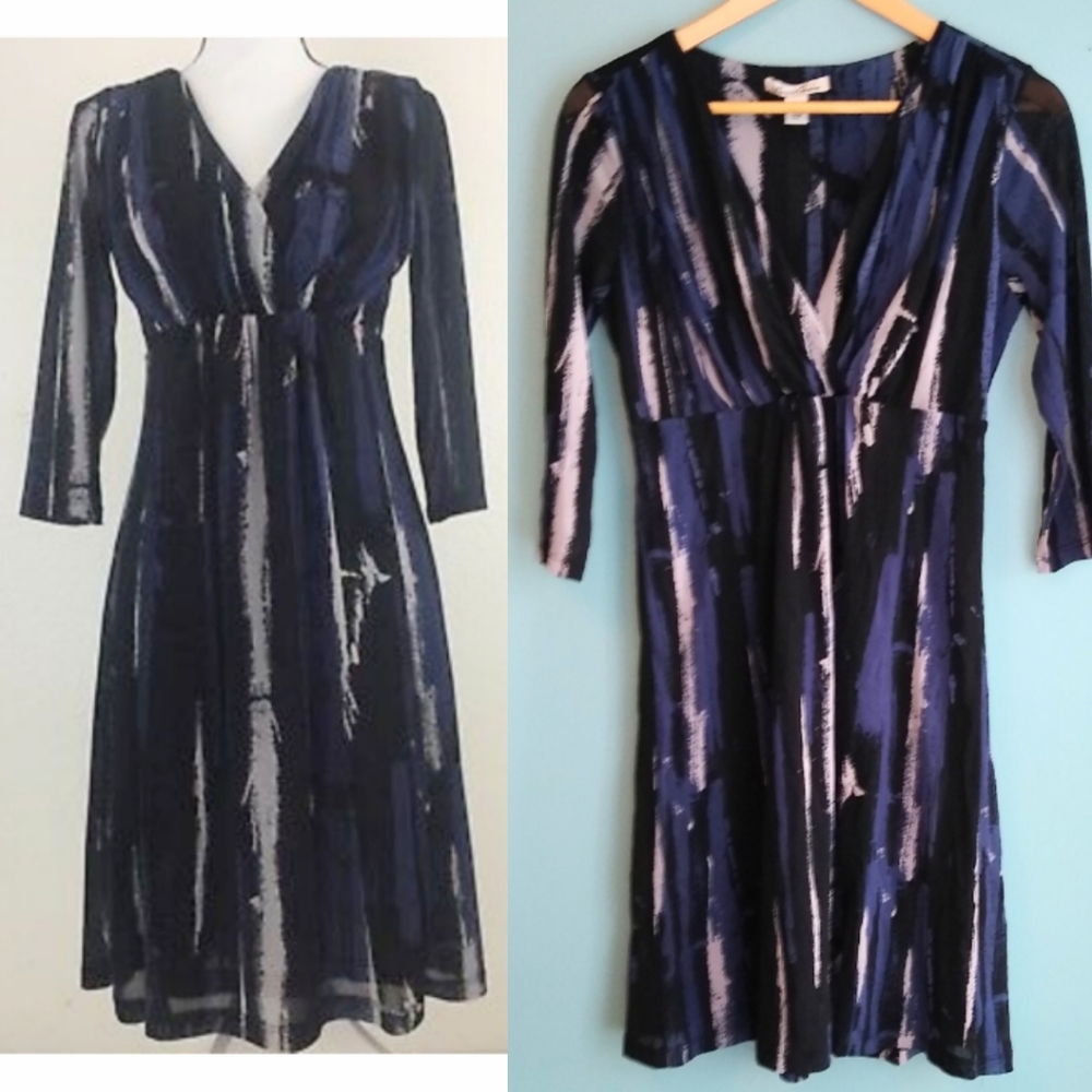 Kenneth Cole 3/4 sleeve mesh v black blue dress